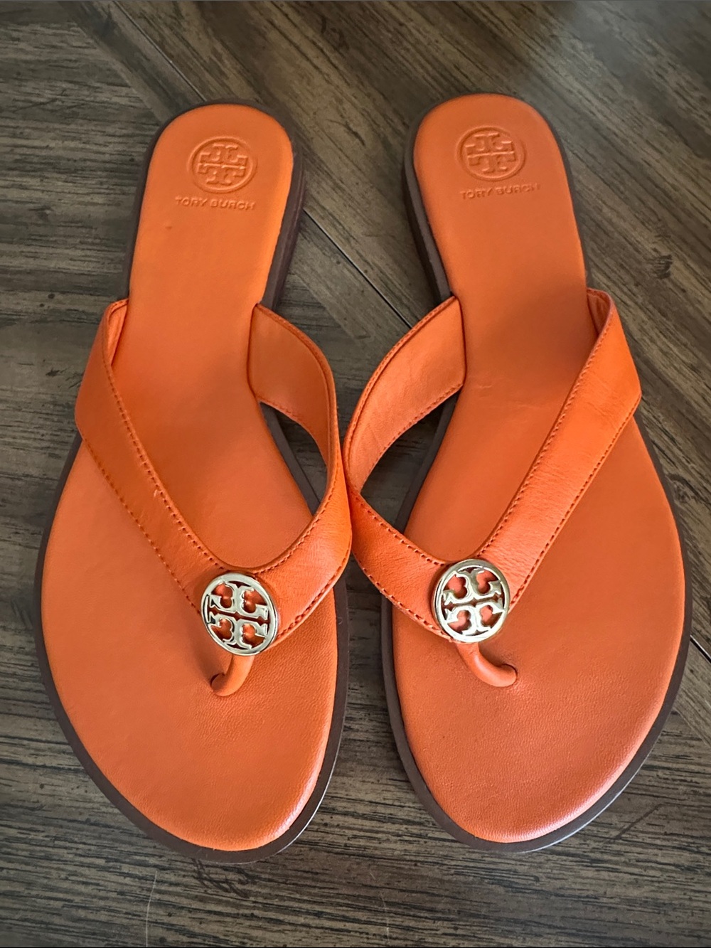 Tory Burch Orange Leather Logo Medallion Thong Sandals- Size 9